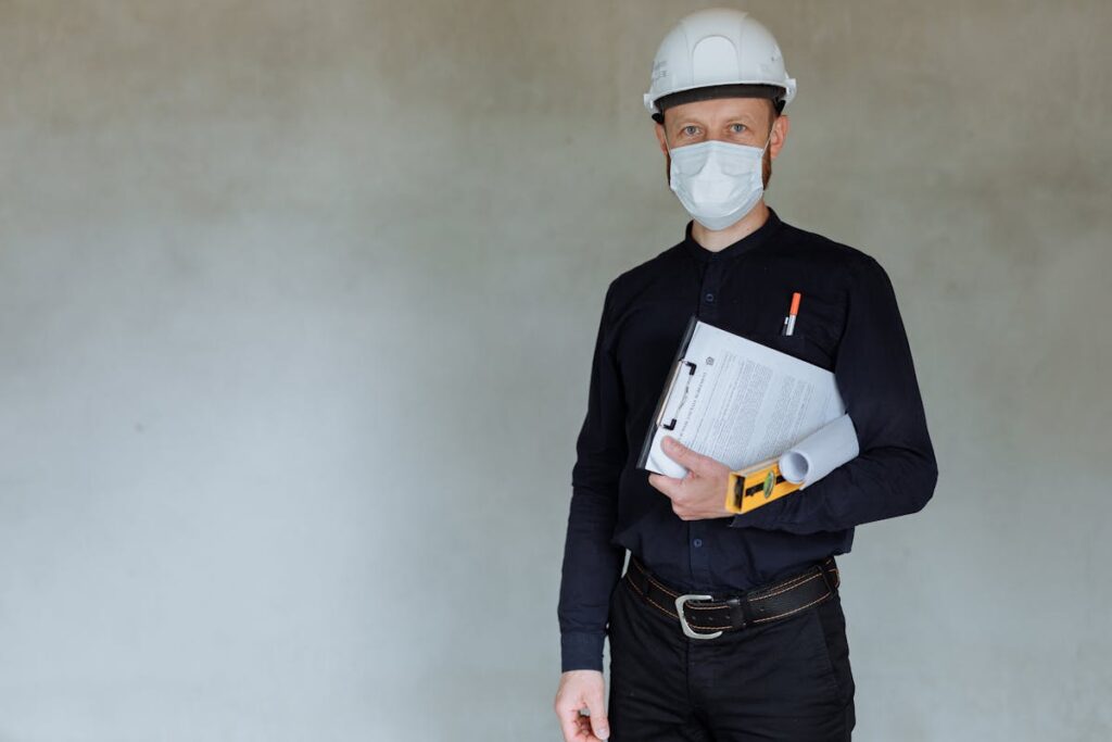 建設業許可番号が記載された書類を確認するビジネスマン