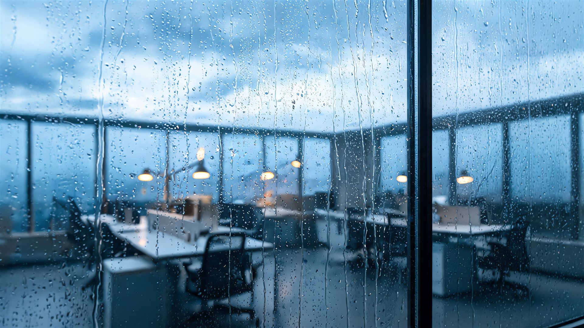 雨粒のついた窓の向こうに見える夕方の事務所