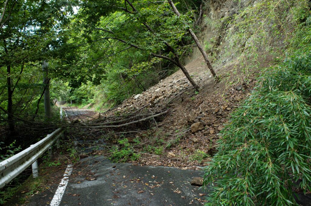 山道をふさぐ土砂崩れと倒木