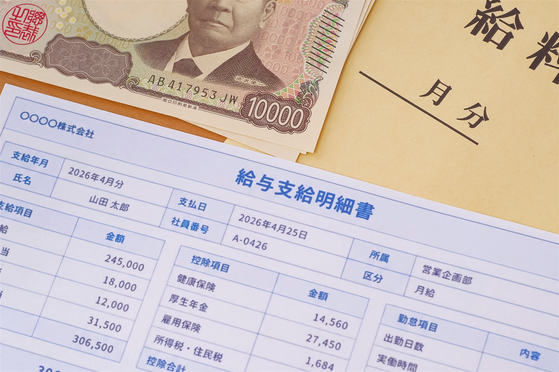 給与支給明細書と一万円札と給料袋