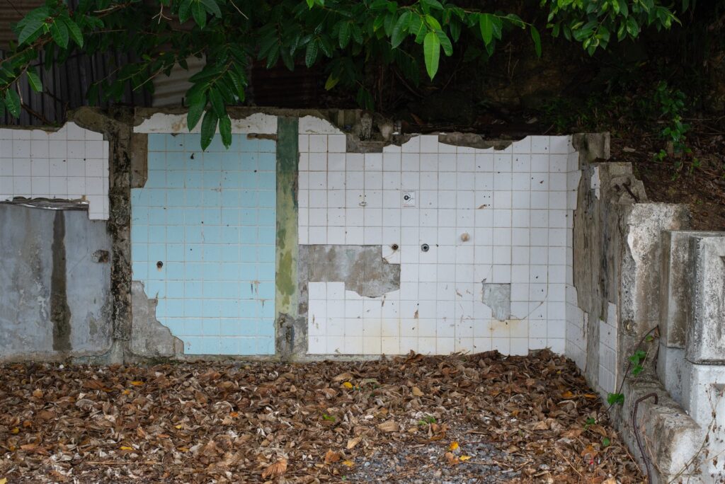 解体された住居に残るタイルの壁