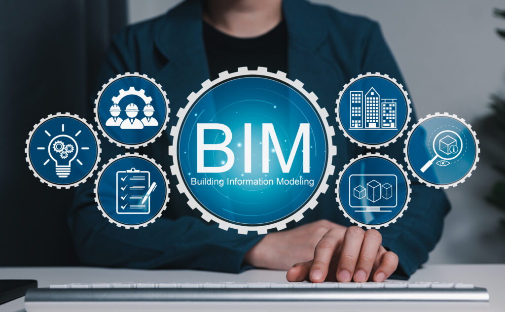 BIM の文字と図のアイコンとキーボードを打つ手元