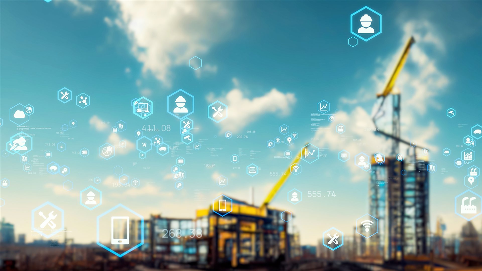 クレーンのある建設現場と技術のアイコンの合成