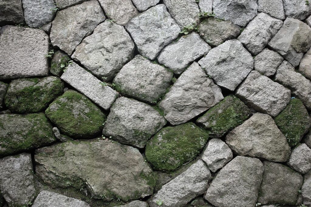 苔の付いた石を積んだ石垣