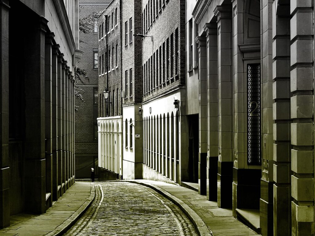 Monochrome street view showcasing vintage architecture in a narrow alleyway, creating a classic urban perspective.