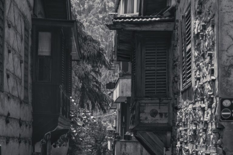 Black-and-white photo of an alley with historic architecture and wooden shutters.
