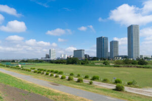 河川敷の緑地と奥に並ぶ中高層の建物