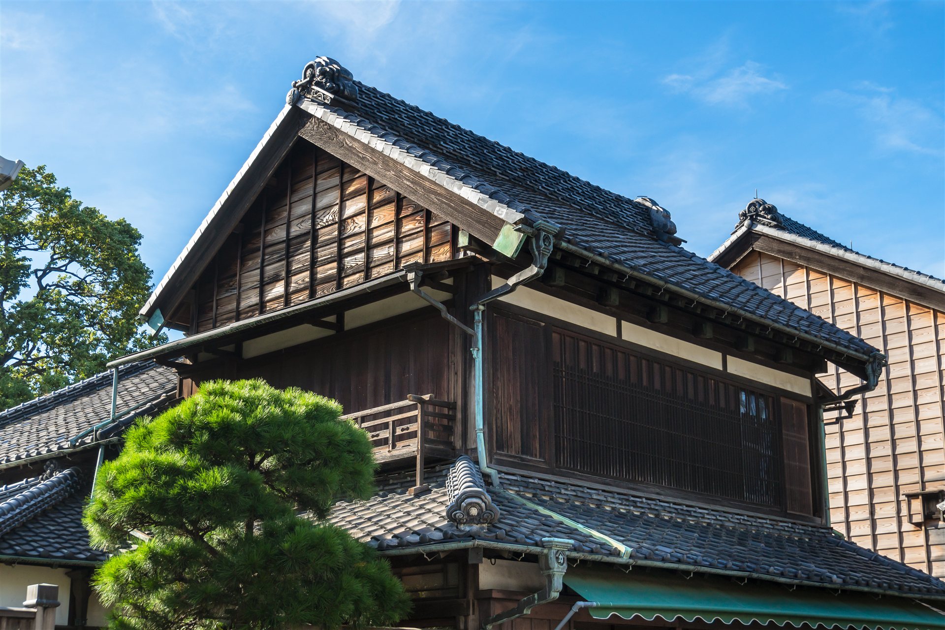 瓦屋根の木造2階建ての古い住宅と松の木